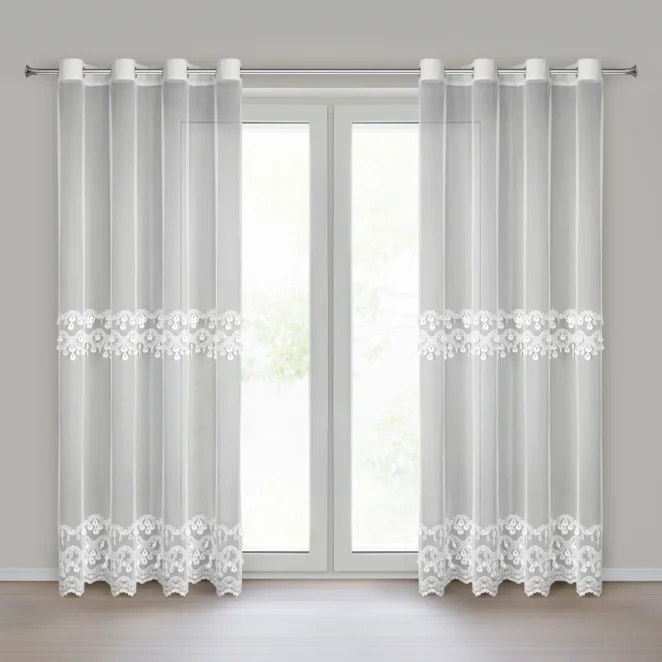 Firana biała z drobnej siateczki zdobiona haftem i efektem 3D 140x250 cm przelotka - FRANCIS Eurofirany