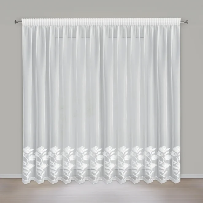 Firana biała z drobnej siateczki zdobiona haftem roślinnym 350x250 cm taśma - CHARLI Eurofirany
