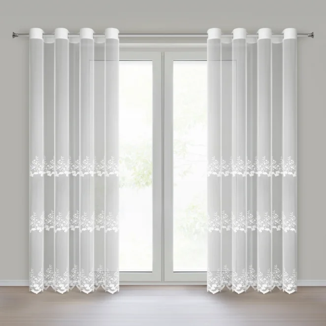 Firana biała z drobnej siateczki zdobiona haftem roślinnym i efektem 3D 140x250 cm przelotki -  JASMINA Eurofirany