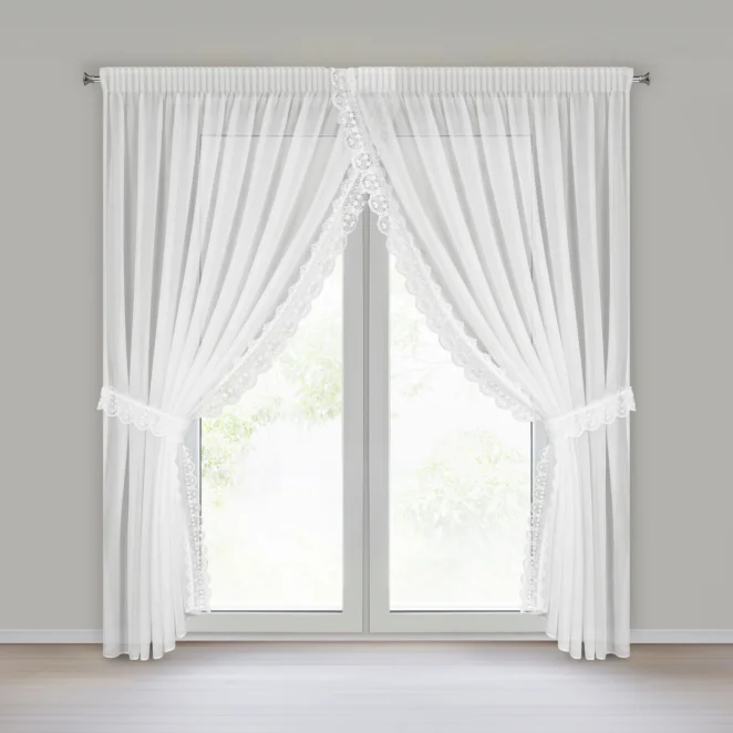 Firana biała z etaminy zdobiona ażurową koronką 400x250 cm 2x troczek w zestawie, taśma - KASANDRA1 Eurofirany