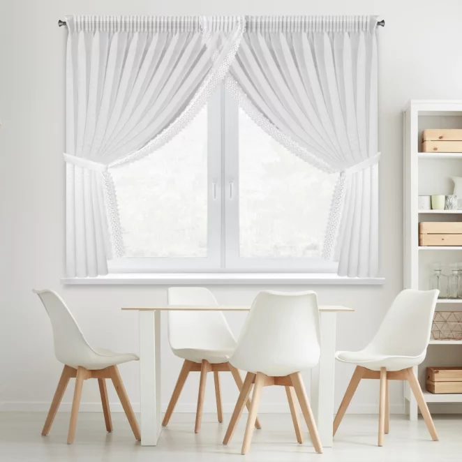 Firana biała z etaminy zdobiona koronką 400x160 cm troczek w zestawie, taśma - HESTIA Eurofirany