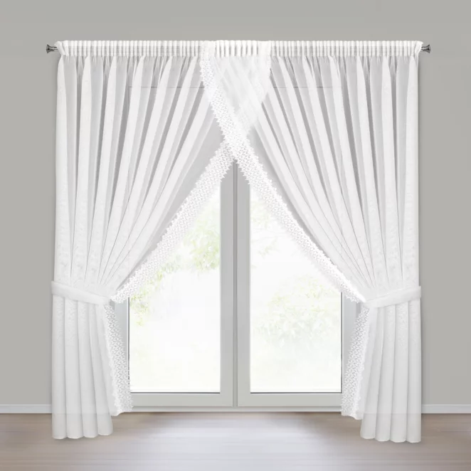 Firana biała z etaminy zdobiona koronką 400x250 cm troczek w zestawie, taśma - HESTIA Eurofirany