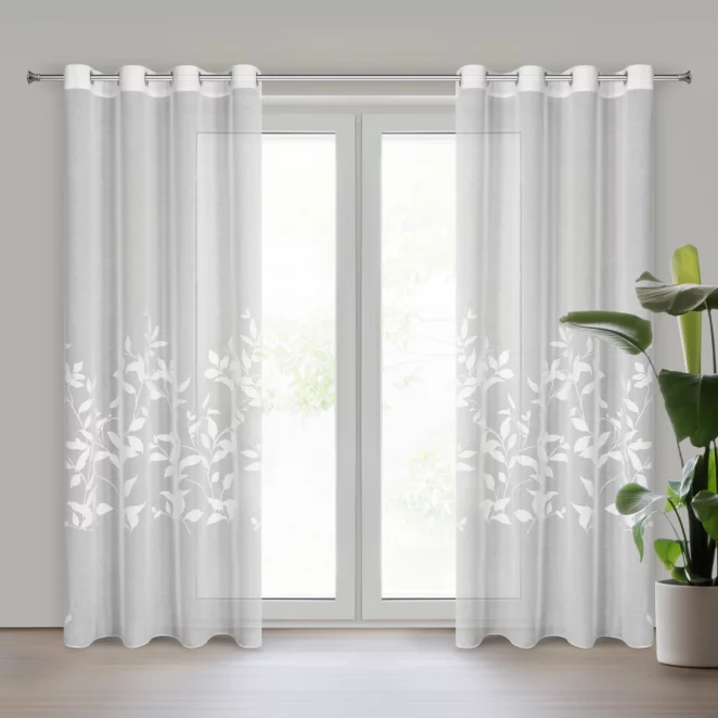 Firana biała z etaminy zdobiona motywem roślinnym 140x250 cm przelotka ESTELLA Eurofirany