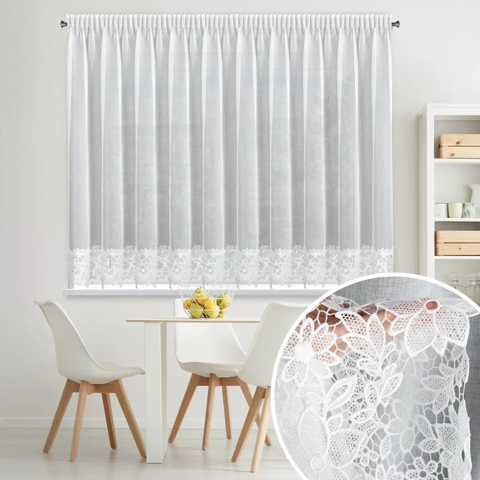 Firana biała z matowej etaminy zdobiona subtelną aplikacja w formie kwiatów 350x155 cm taśma - ARTEMIDA Eurofirany