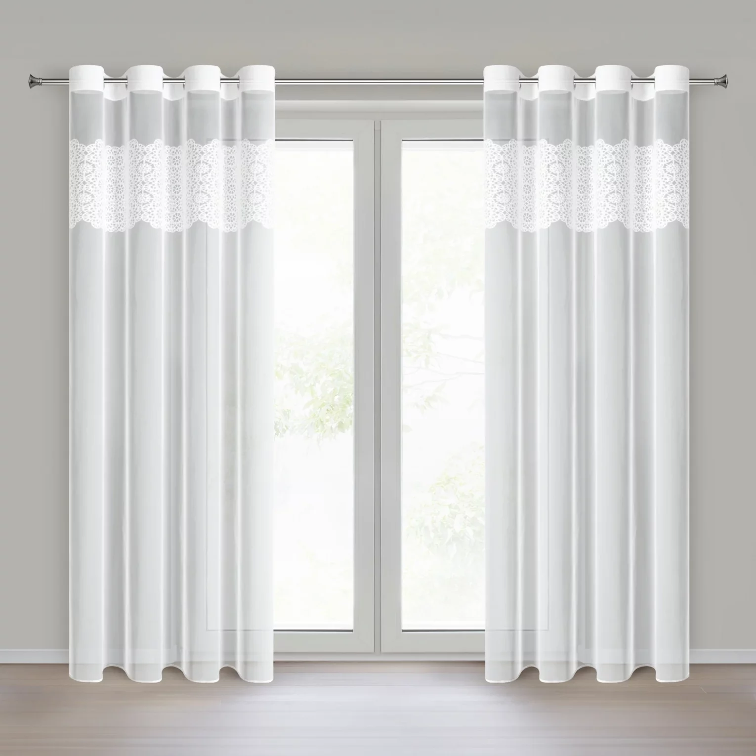 Firana biała z siateczki zdobiona haftowaną aplikacją 140x250 cm przelotka - AFRODYTA Eurofirany