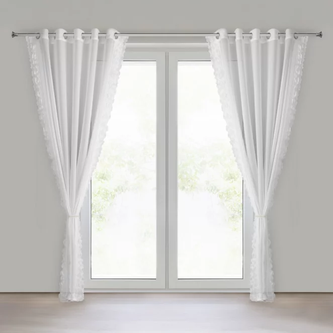 Firana biała z szyfonu zdobiona falbanką na brzegach w komplecie ozdobny troczek 140x250 cm  przelotki - LUISA Eurofirany