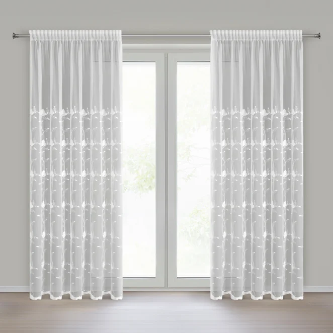 Firana biała zdobiona haftem roślinnym z kryształkami 140x250 cm taśma - CLARISA Eurofirany