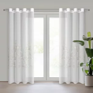 Firana biało, srebrna z etaminy zdobiona motywem roślinnym 140x250 cm przelotka ESTELLA Eurofirany