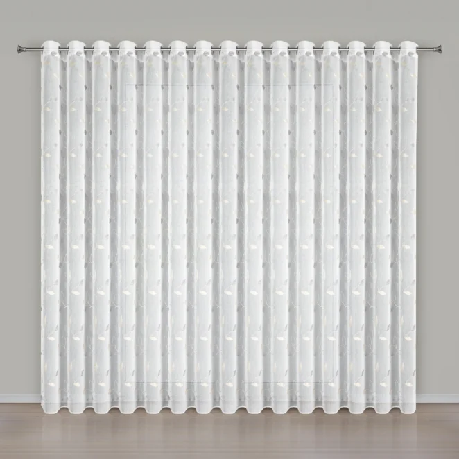 Firana biało-szampańska zdobiona haftowanymi liśćmi z błyszczącą nicią 400x250 cm przelotka - TEYLOR Eurofirany