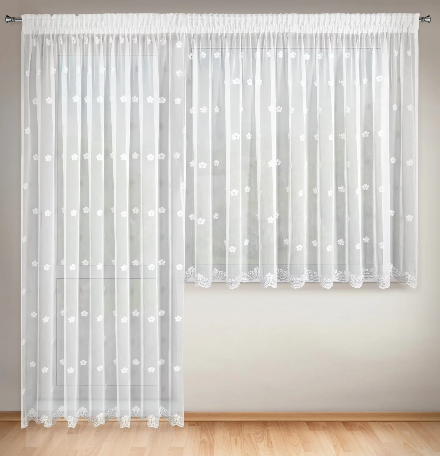 Komplet białych firan 2 szt na okno balkonowe zdobiona haftowanymi drobnymi srebrnymi kwiatuszkami 400x160 cm / 200x250 cm taśma Eurofirany