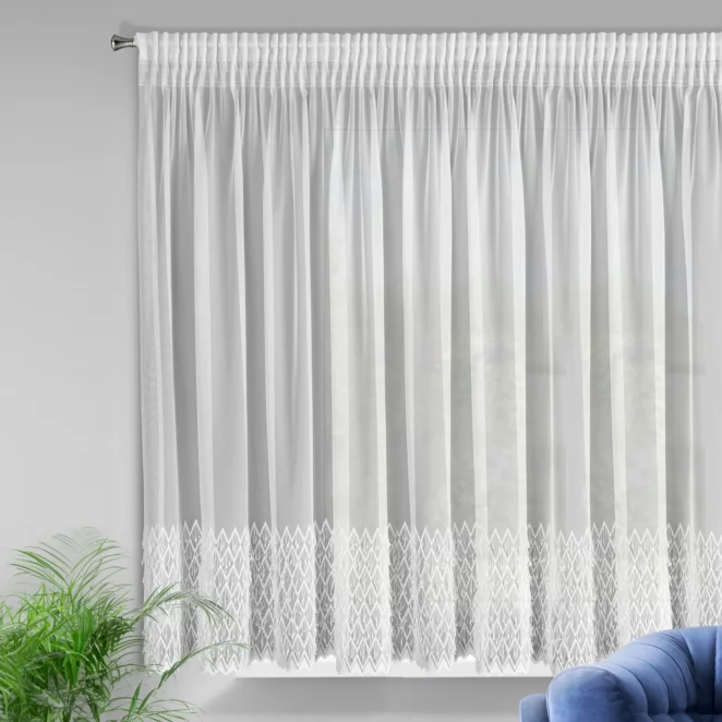 Firana biała z haftowanym wzorem oraz moherową nicią 300x150 cm taśma AMY Eurofirany