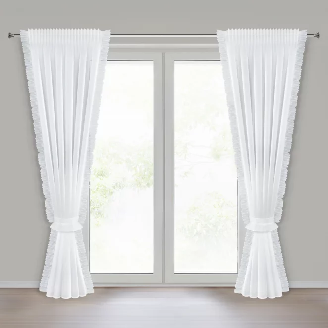 Firana biała z etaminy zdobiona falbanami po bokach tkaniny w zestawie ozdobny troczek 140x270 cm taśma KAREN Eurofirany