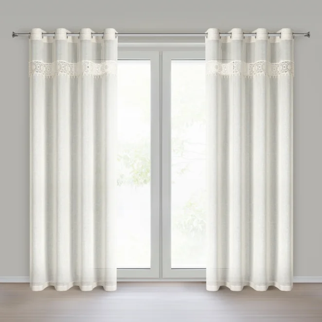 Firana naturalna z dodatkiem lnu zdobiona gipiurą z motywem dekoracyjnych rozet 140x250 cm przelotka - EVELINE Eurofirany