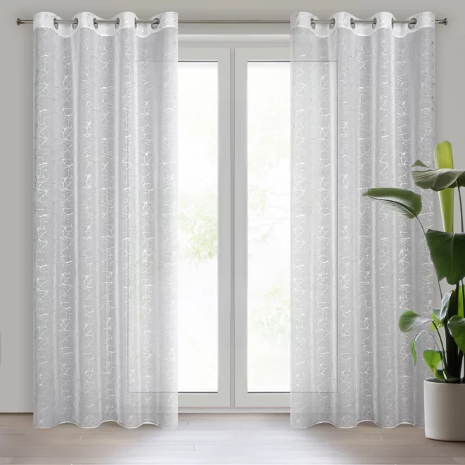 Firana biała z lekkiej etaminy ze srebrnym marmurkowym nadrukiem 140x250 cm przelotka REVA Eurofirany