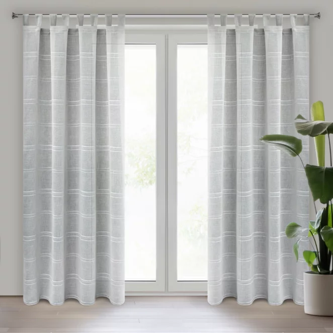 Firana srebrna z etaminy zdobiona szenilowymi paseczkami 140x250 cm szelki  -  ARCADIA Eurofirany