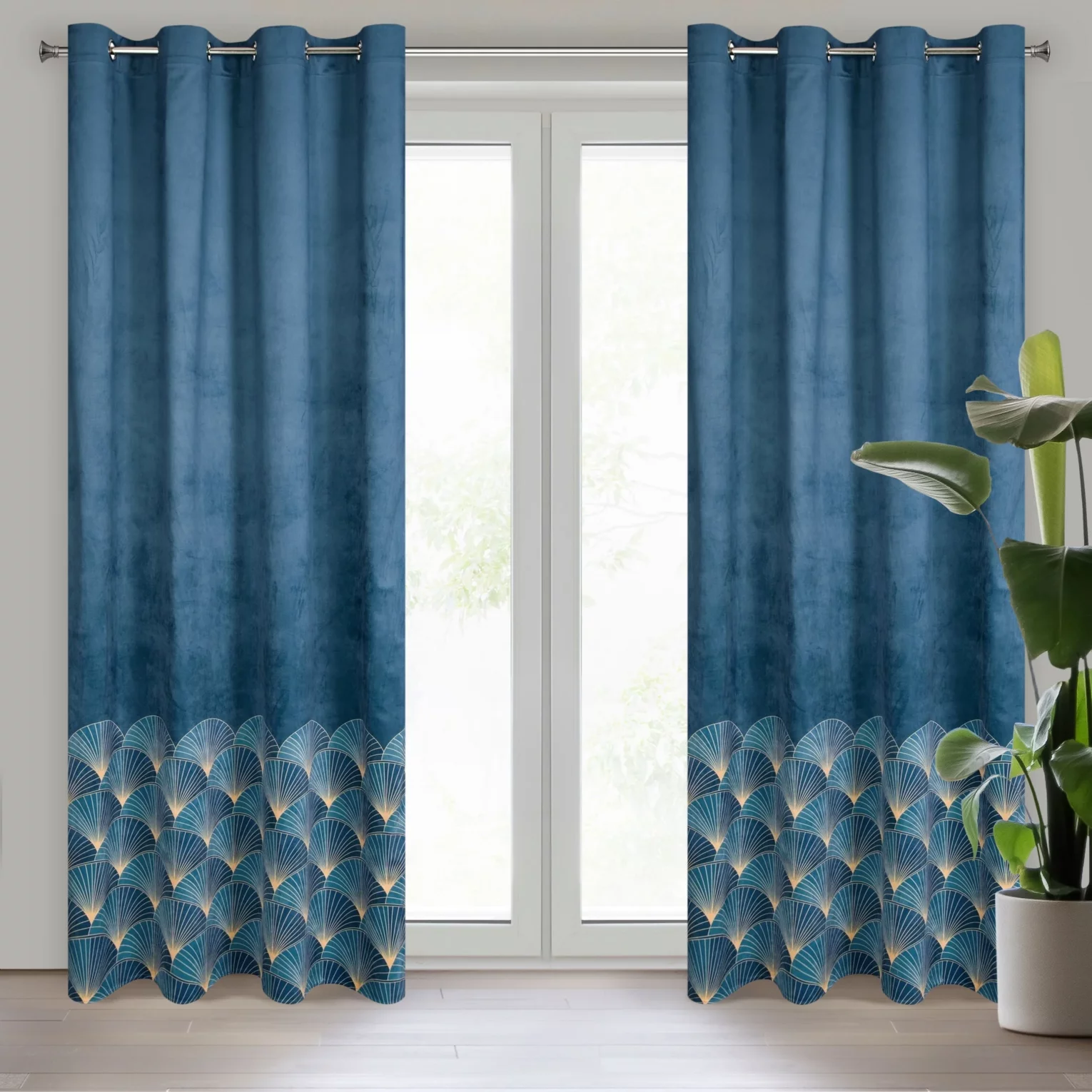 Zasłona granatowo, niebieska ze złotym wzorem z tkaniny welwetowej 140x250 przelotka GINA Design 91