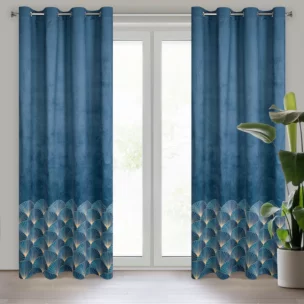 Zasłona granatowo, niebieska ze złotym wzorem z tkaniny welwetowej 140x250 przelotka GINA Design 91