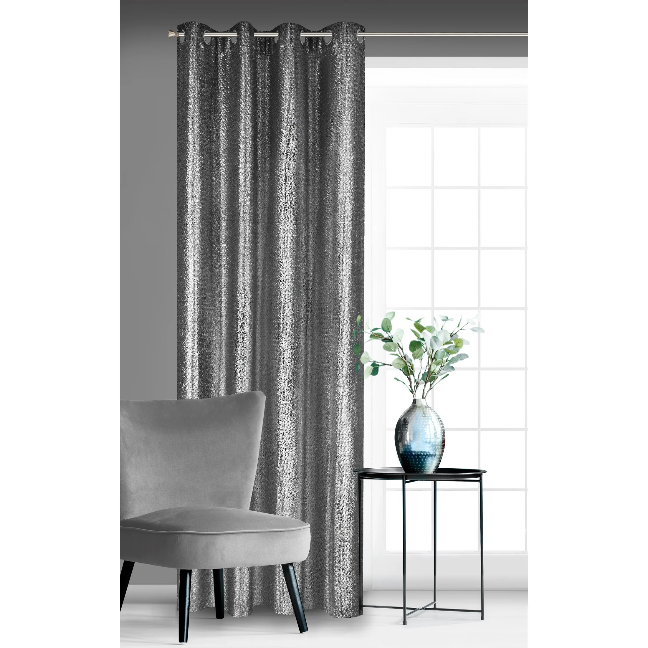 Zasłona czarno, srebrna błyszcząca z żakardu ze srebrnym nadrukiem 140x250 cm przelotka GLOSSY Eurofirany