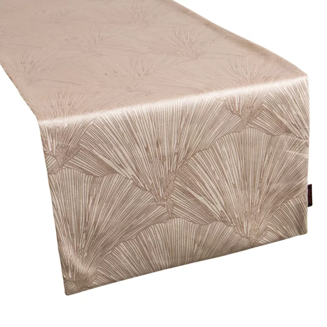 Bieżnik na stół beżowy 40x140 cm welwetowy GOJA z błyszczącym nadrukiem w formie liści miłorzębu PIERRE CARDIN