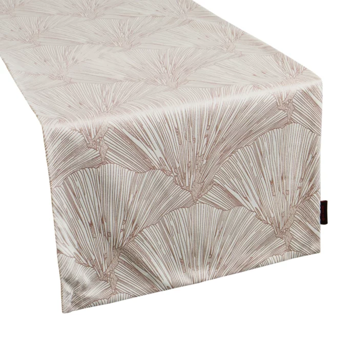 Bieżnik na stół kremowy 40x140 cm welwetowy GOJA z błyszczącym nadrukiem w formie liści miłorzębu PIERRE CARDIN