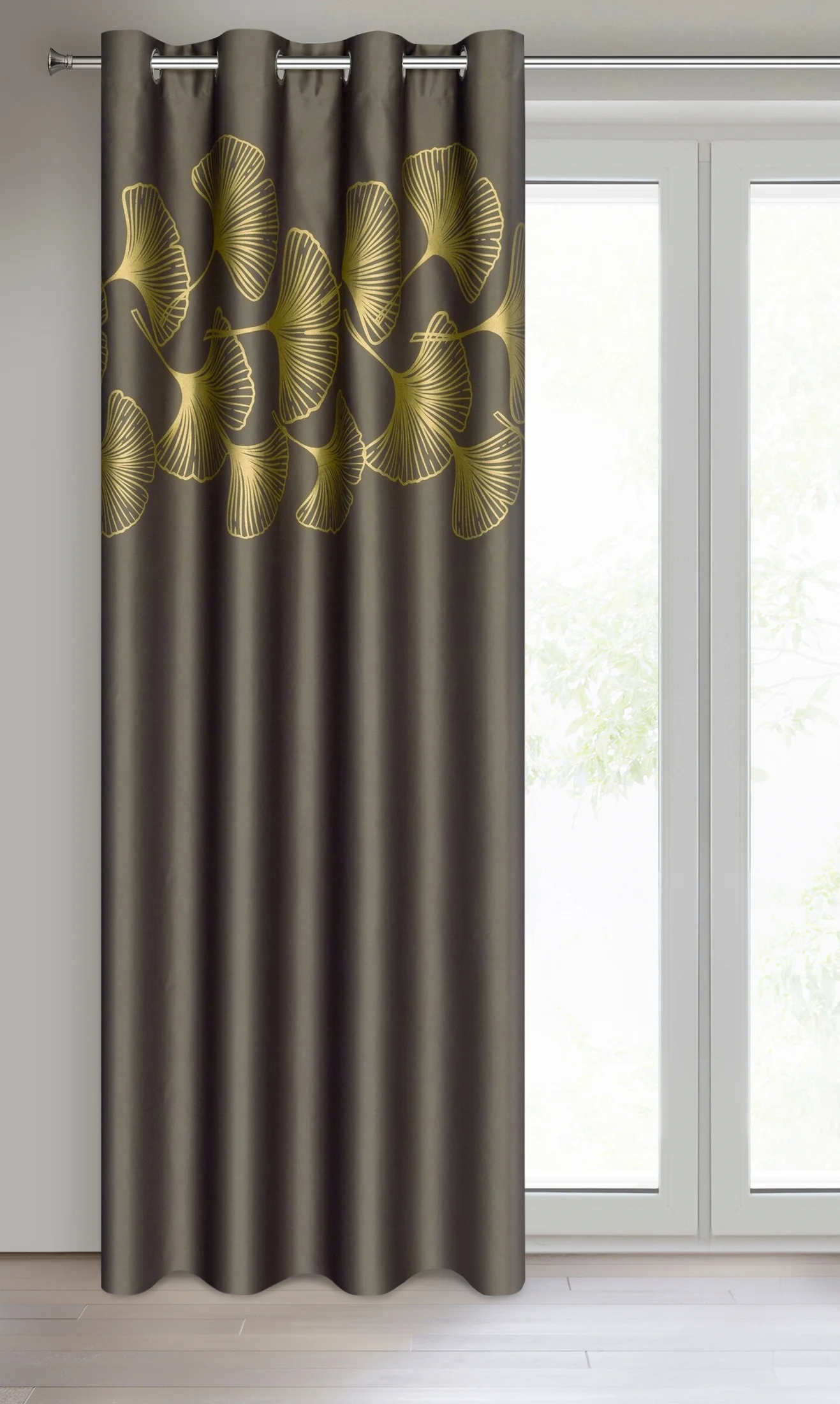 Zasłona brązowa ze złotym wzorem liści ginko, zaciemniająca 140x250 cm przelotka HARMONY Eurofirany