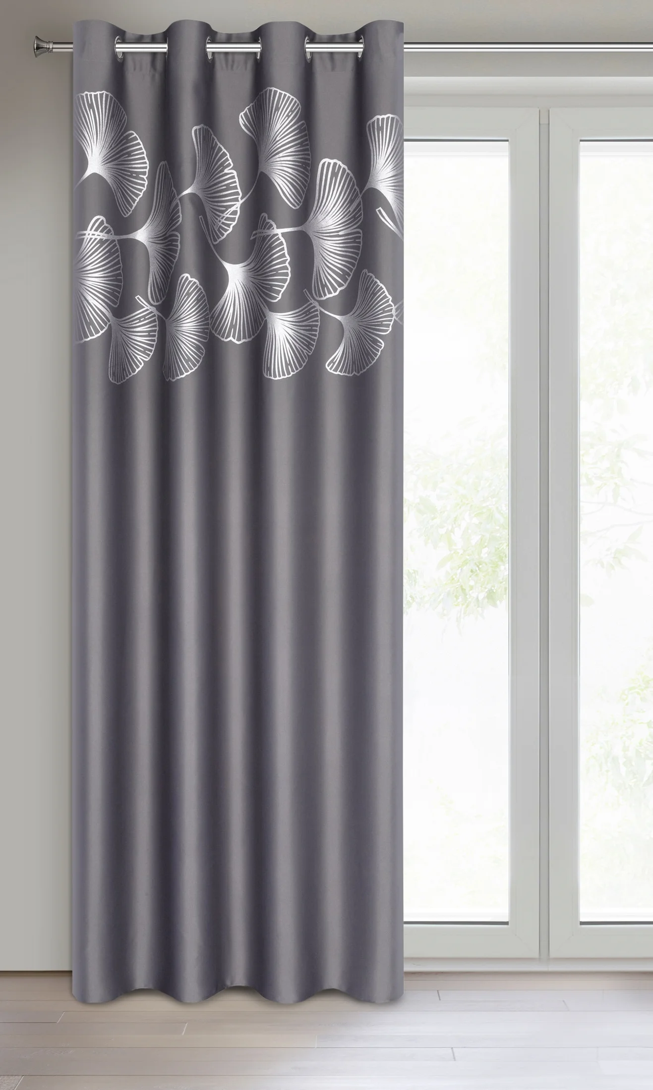 Harmony grafitowa zasłona zaciemniająca ze złotym wzorem liści ginko na przelotkach 140x250 cm Eurofirany