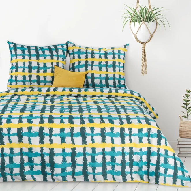 Pościel bawełniana 220x200 cm komplet 3 częściowy kolor turkusowy, żółty z motywem kraty Design 91 Eurofirany