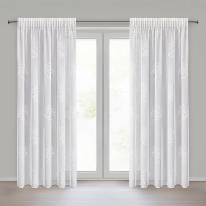 Firana biała z lekkiej etaminy z żakardowym motywem liści 140x270 cm taśma JANE Eurofirany