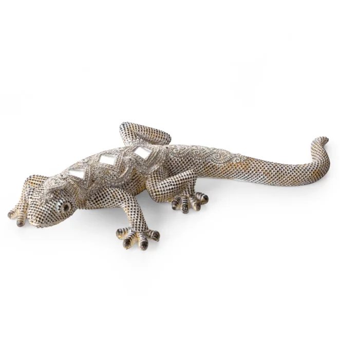 Figurka srebrno-złota jaszczurka o drobnym strukturalnym wzorze 25x11x5 cm GATOS Eurofirany
