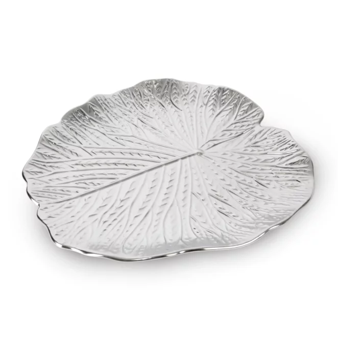 Patera ceramiczna dekoracyjna srebrna w formie liścia z wytłoczeniami średnica 33x2 cm KALINA Eurofirany
