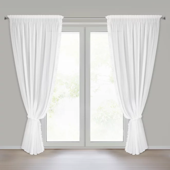 Komplet firan białych zdobionych aplikacją z gipiurą z perełkami 140x270 cm taśma+troczek ELENA Eurofirany