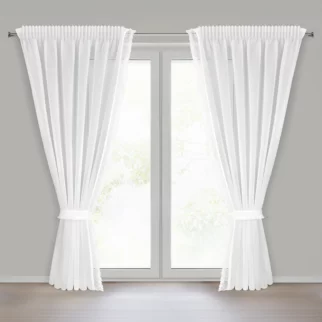 Komplet firan białych 2 szt z etaminy zdobionych subtelnymi frędzlami w zestawie troczki 140x270 cm taśma KIRA 3 Eurofirany