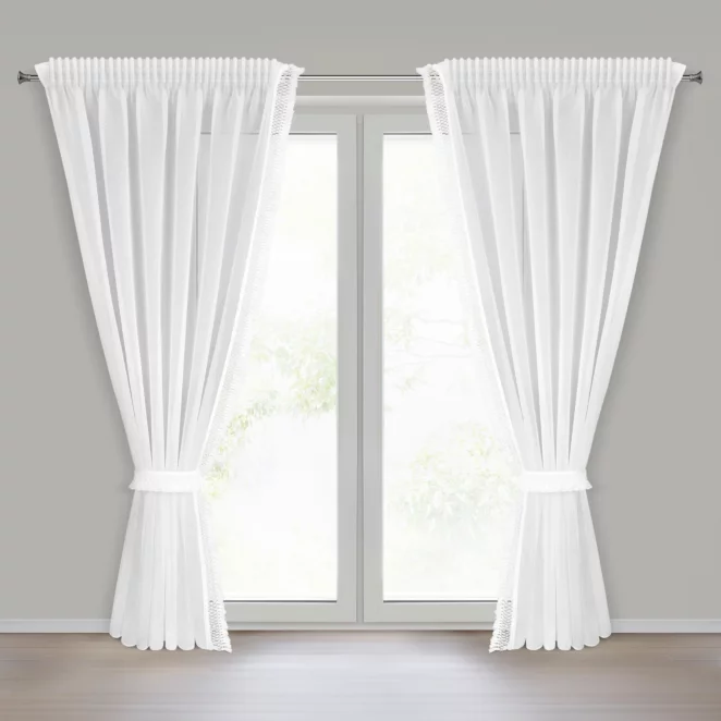 Komplet firan białych 2 szt z etaminy zdobionych subtelnymi frędzlami w zestawie troczki 140x270 cm taśma KIRA 3 Eurofirany