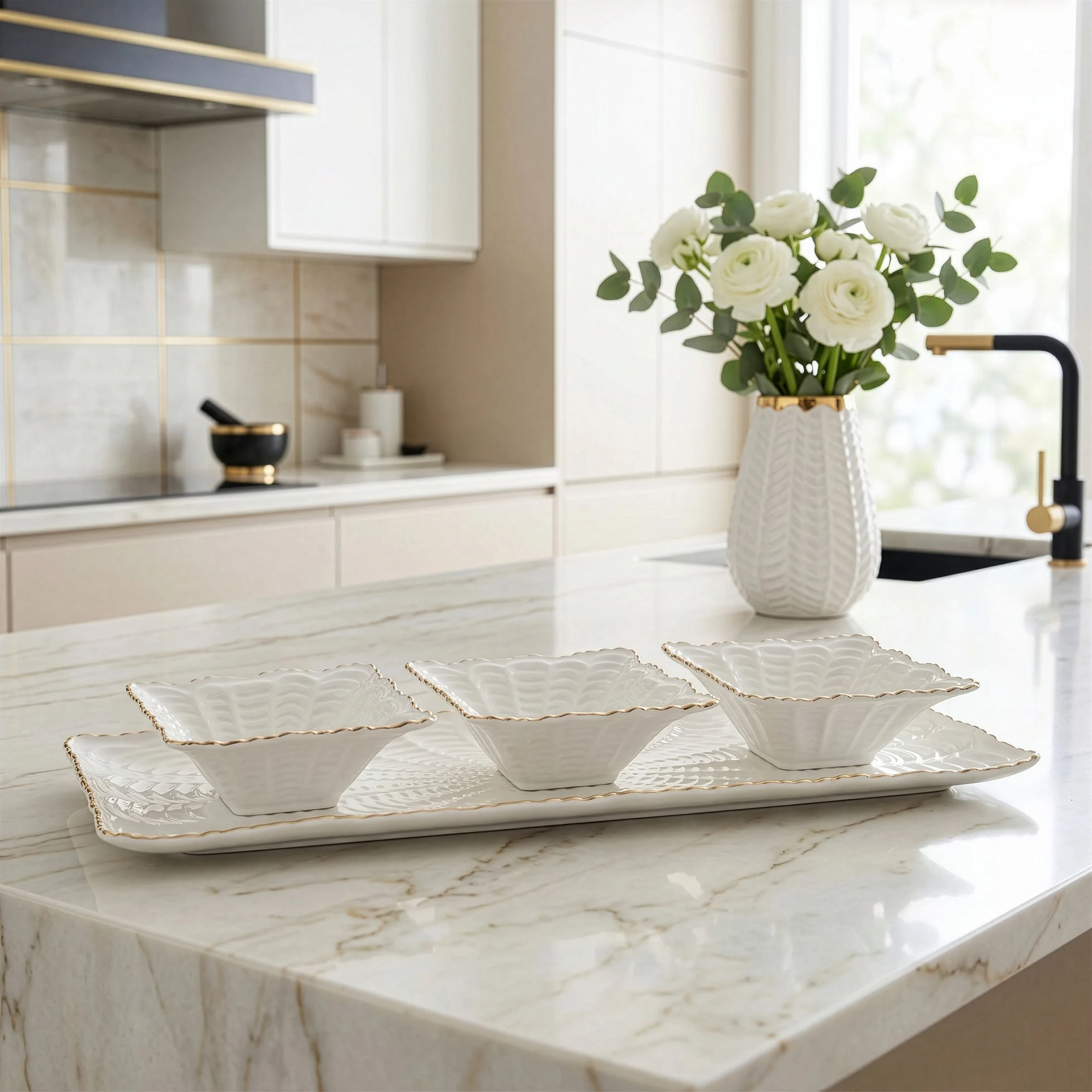 Patera ceramiczna dekoracyjna kremowo-złota z trzema miseczkami zdobiona wypukłym wzorem 42x16x2 cm GAIA Eurofirany