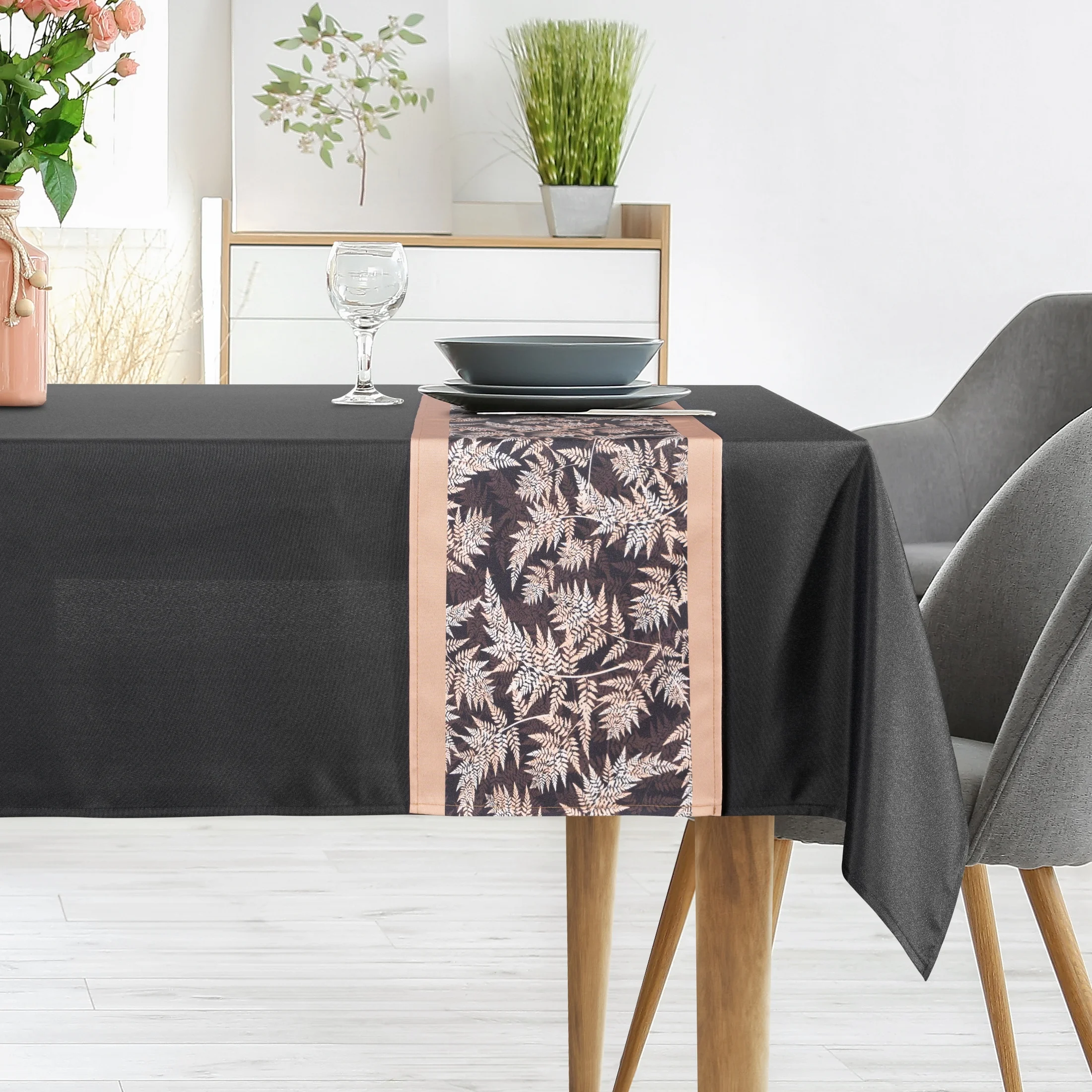 Komplet obrus z bieżnikiem czarno, beżowy 140x220/33x220 cm ANITA 1 zdobiony subtelnym wzorem roślinnym