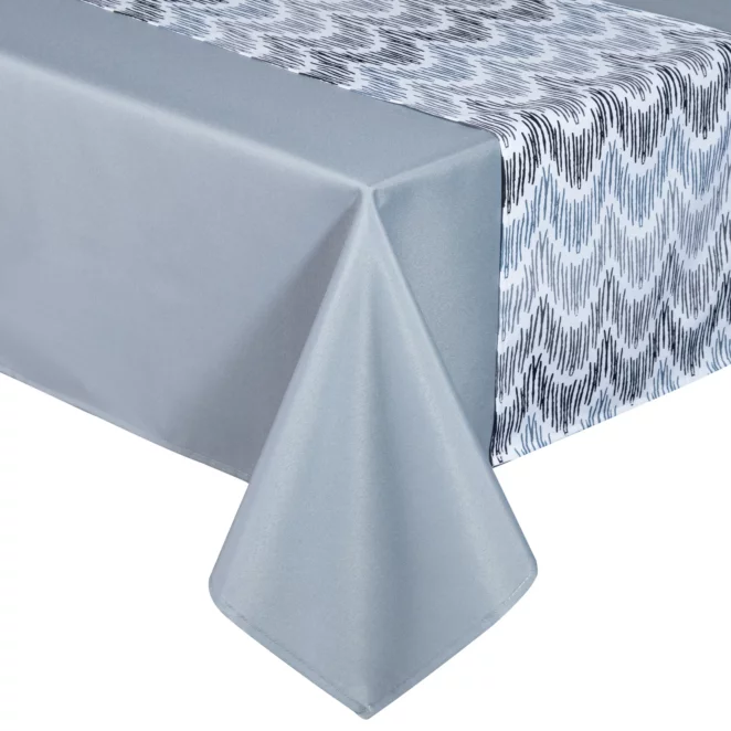Komplet obrus z bieżnikiem popielato, biały 140x220/33x220 cm ANITA 2 zdobiony subtelnym wzorem geometrycznym
