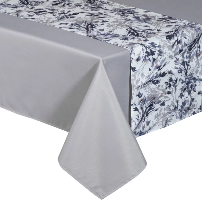 Komplet obrus z bieżnikiem jasnoszaro, biały 140x220/33x220 cm ANITA 3 zdobiony subtelnym wzorem roślinnym
