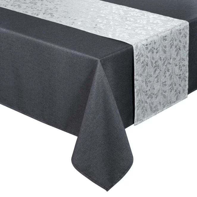 Komplet obrus z bieżnikiem stalowo, srebrny 140x260/33x260 cm ANITA 6 zdobiony subtelnym wzorem liści