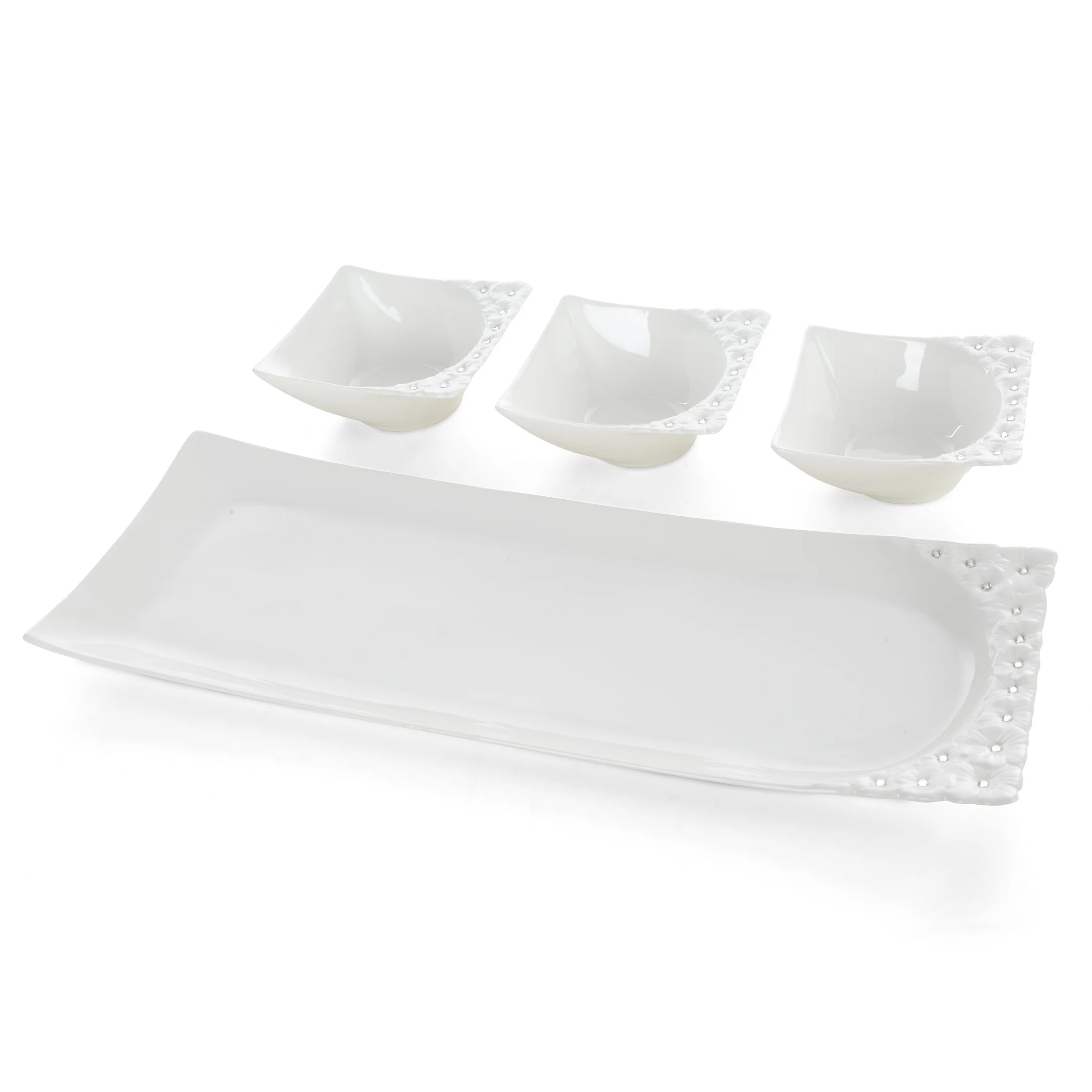 Komplet patera + 3 miseczki dekoracyjna biała zdobiona w drobne kwiaty z błyszczącym wykończeniem 40x16x5 cm ELISA Eurofirany