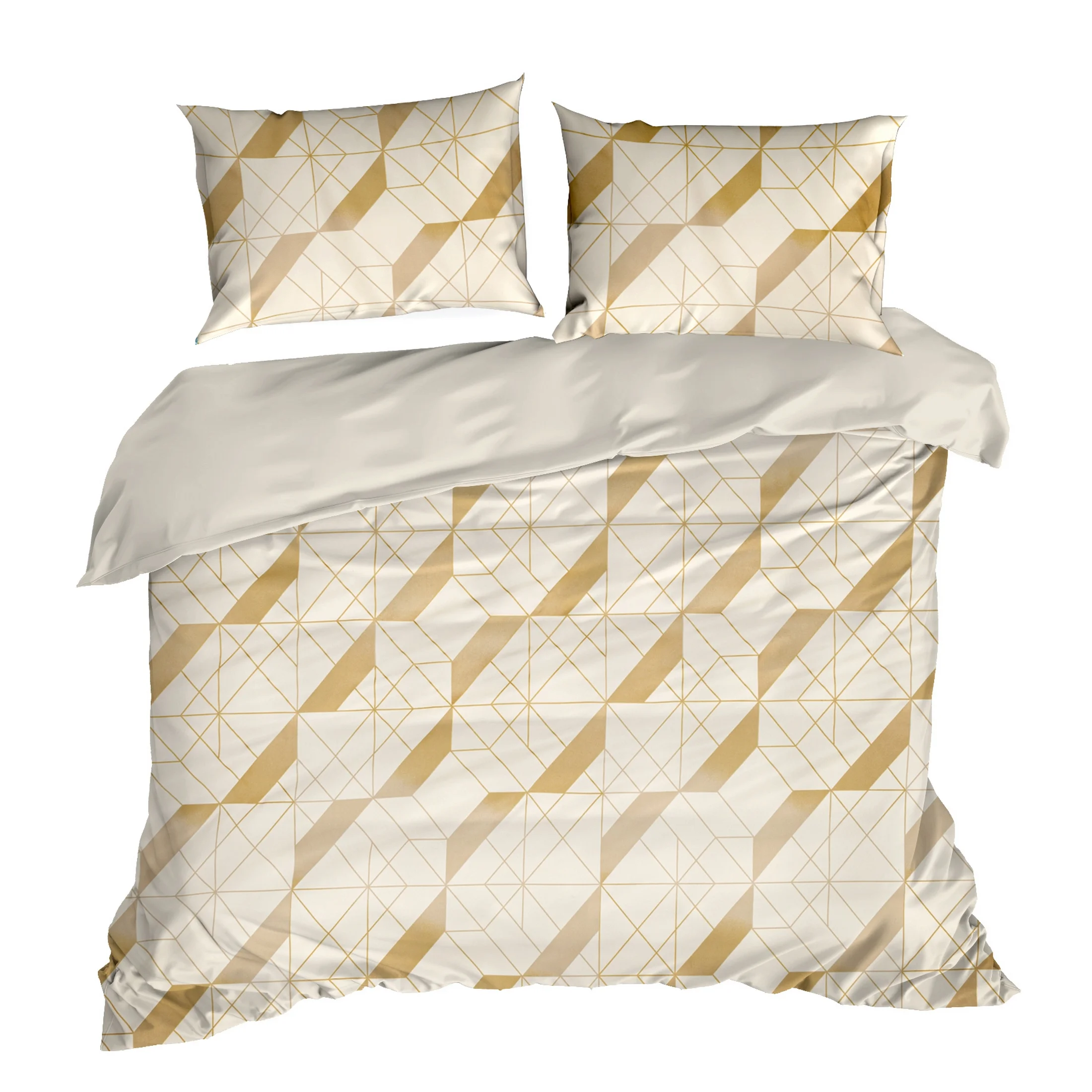 Pościel 220x200 cm komplet 3 częściowy kolor biały, złoty z nadrukiem geometrycznym GEO 2 Design 91