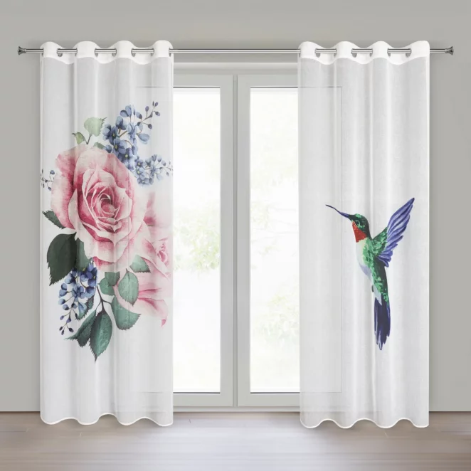 Komplet zasłon 2 szt biało, różowych zdobione motywem roślinnym, z etaminy 140x260 cm przelotka LIA Eurofirany
