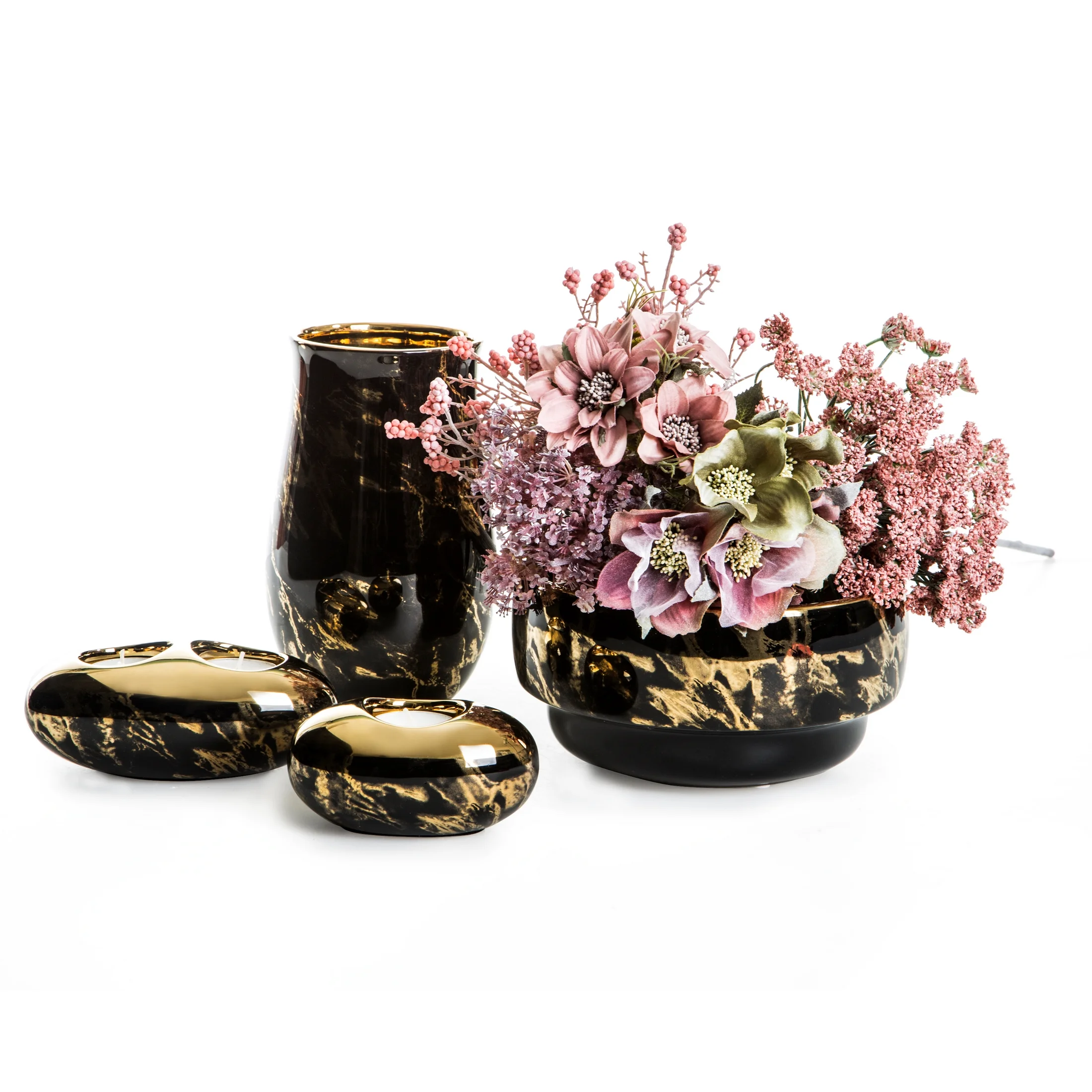 KYLA 2 CZARNY ŚWIECZNIK CERAMICZNY Z EFEKTEM ZŁOTEGO MARMURKU 15x8x6 cm EUROFIRANY