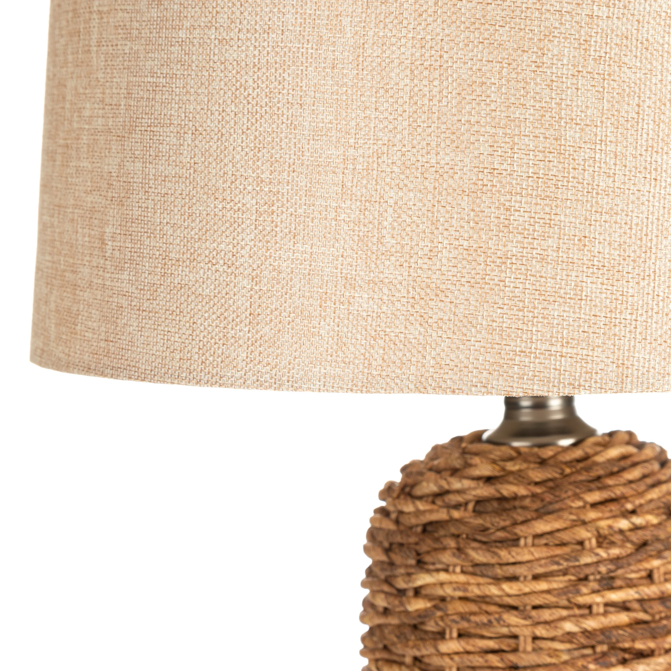 Lampa stołowa do kuchni beżowa, jasnobrązowa ARLO w stylu boho z plecionej podstawy i matowego abażuru Eurofirany