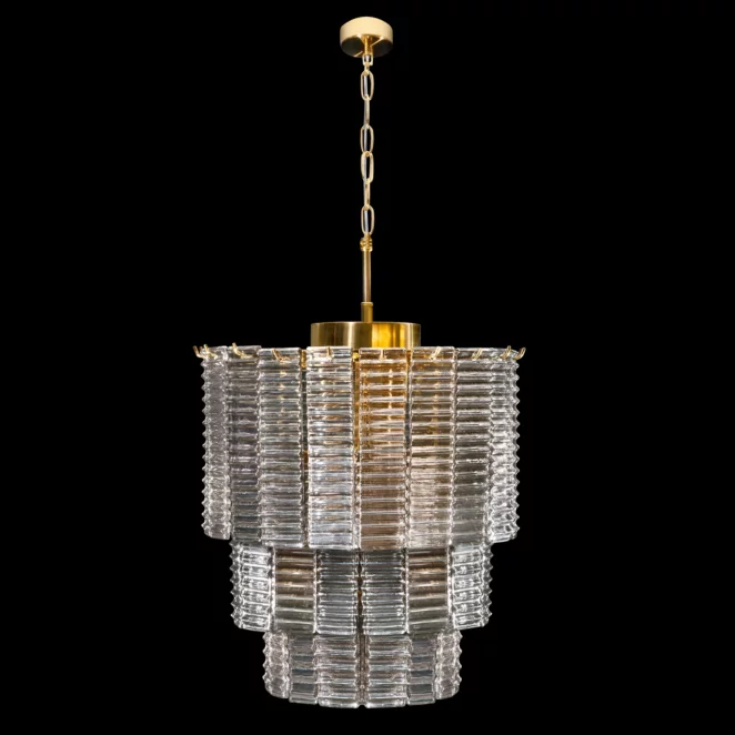 Lampa wisząca do salonu złota DALIA z prostokątnymi luźno zwisającymi szklanymi zawieszkami 42 x 50 cm DALIA Eurofirany