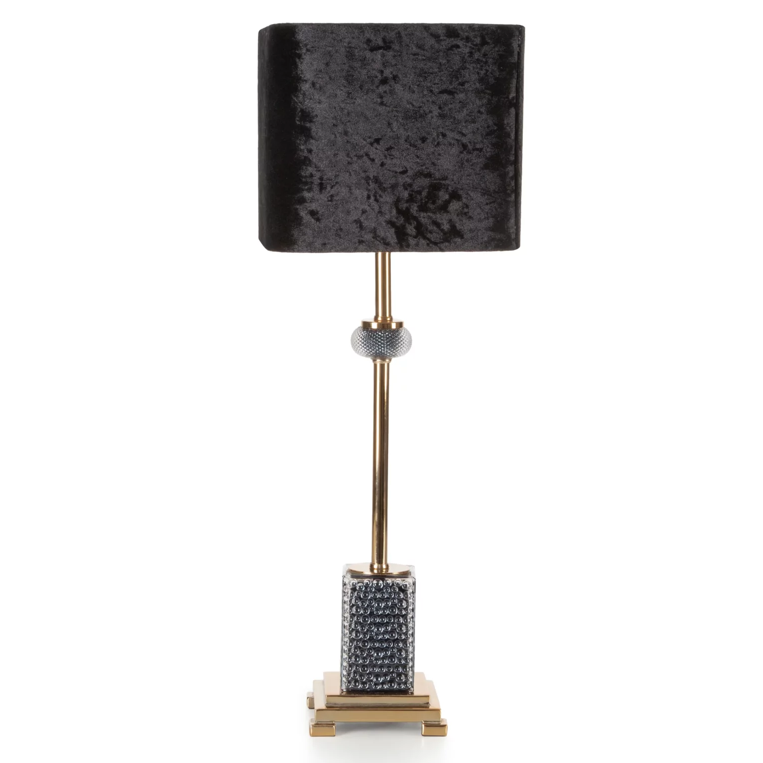 Lampa stołowa do salonu czarno, złota NELI z podstawą z żywicy poliestrowej wykończona welwetowym abażurem 23 x 66 cm NELI Eurofirany