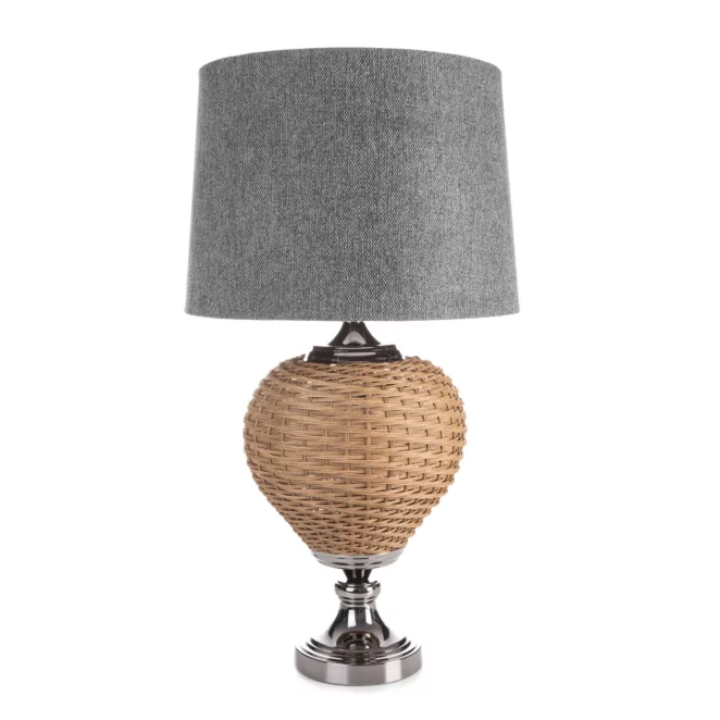 Lampa stołowa do pokoju stalowo, beżowa PATI w stylu boho z plecioną podstawą i matowym abażurem Eurofirany