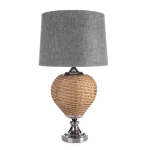 Lampa stołowa do pokoju stalowo, beżowa PATI w stylu boho z plecioną podstawą i matowym abażurem Eurofirany