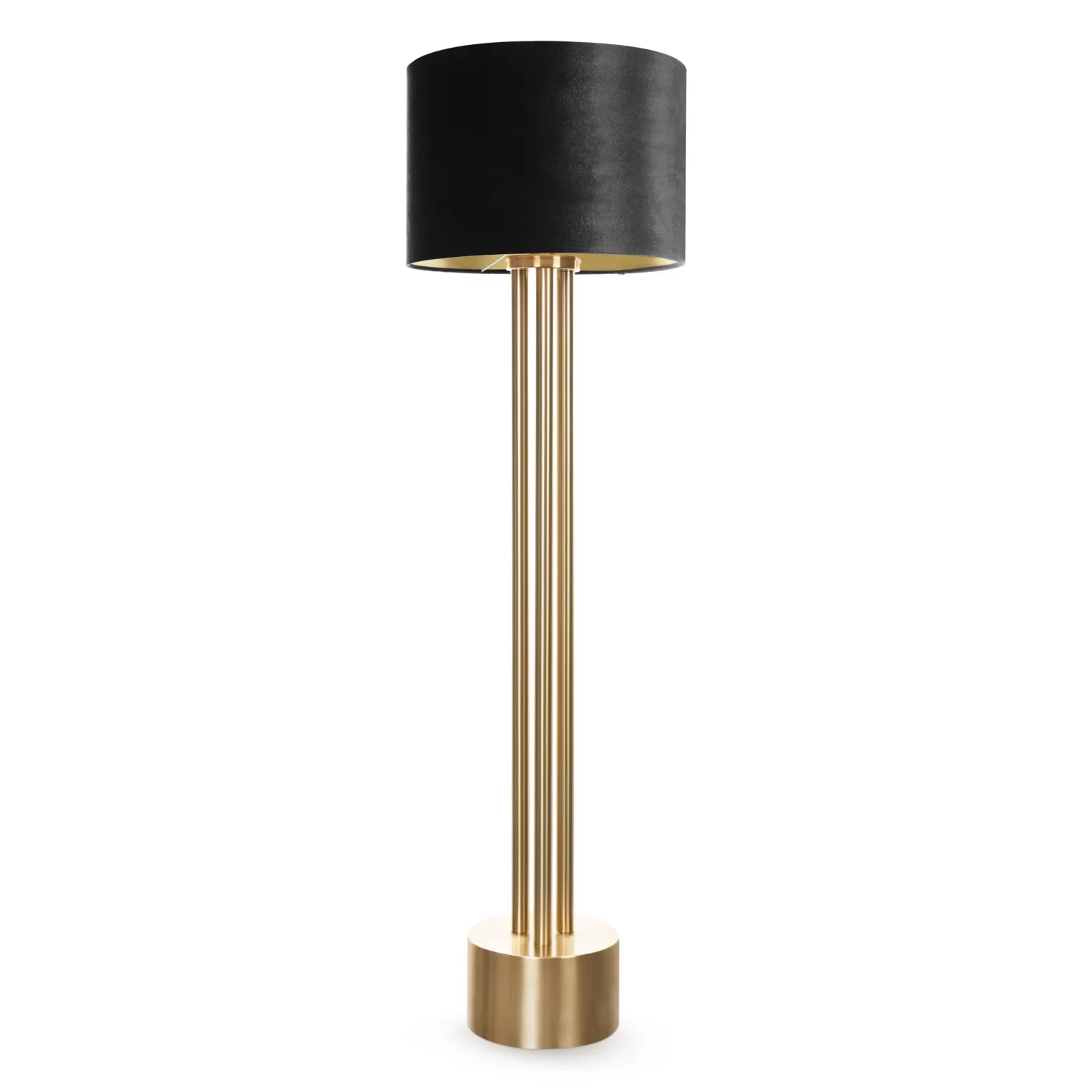 Lampa stojąca czarno, złota PERI o minimalistycznej podstawie i welwetowym abażurem Eurofirany