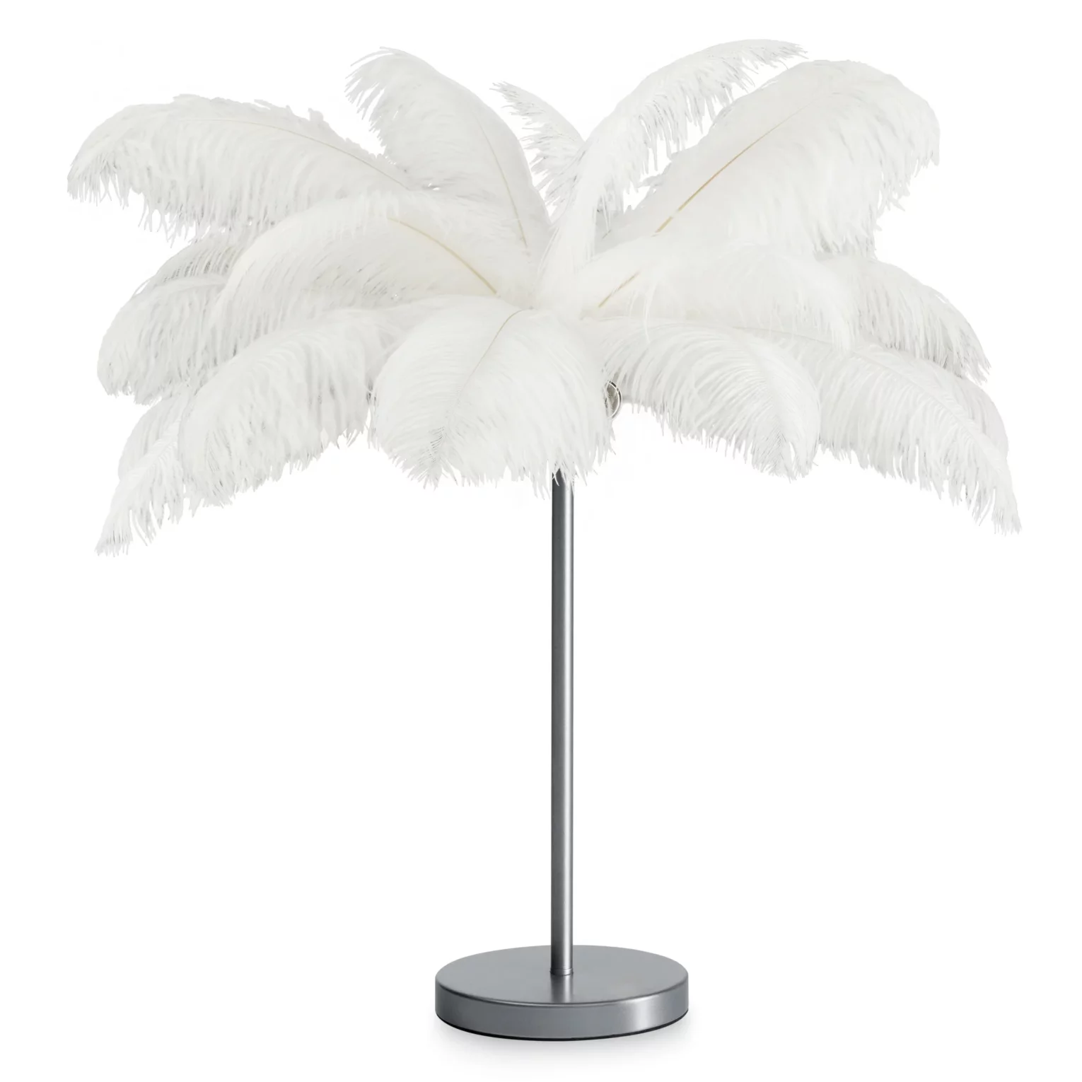 Lampa stojąca do salonu srebrno, biała FERI na metalowej podstawie z niezwykle efektownym abażurem z naturalnych strusich piór 65 x 65 x 68 cm FERI  Eurofirany