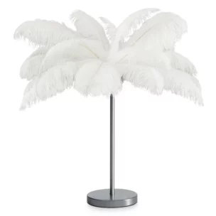 Lampa stojąca do salonu srebrno, biała FERI na metalowej podstawie z niezwykle efektownym abażurem z naturalnych strusich piór 65 x 65 x 68 cm FERI Eurofirany